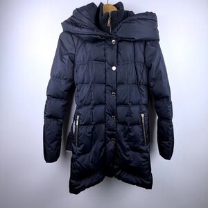 Ivanka Trump Navy Blue Belted Hooded Down Puffer Coat XS Quilted Cozy Chic